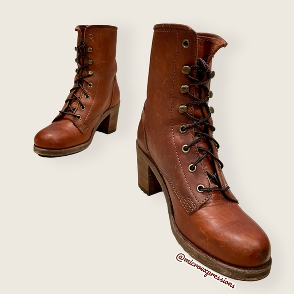 Frye Karen Cognac Leather Combat Lace Up Combat Wood Block Heeled Ankle Booties - Picture 13 of 14